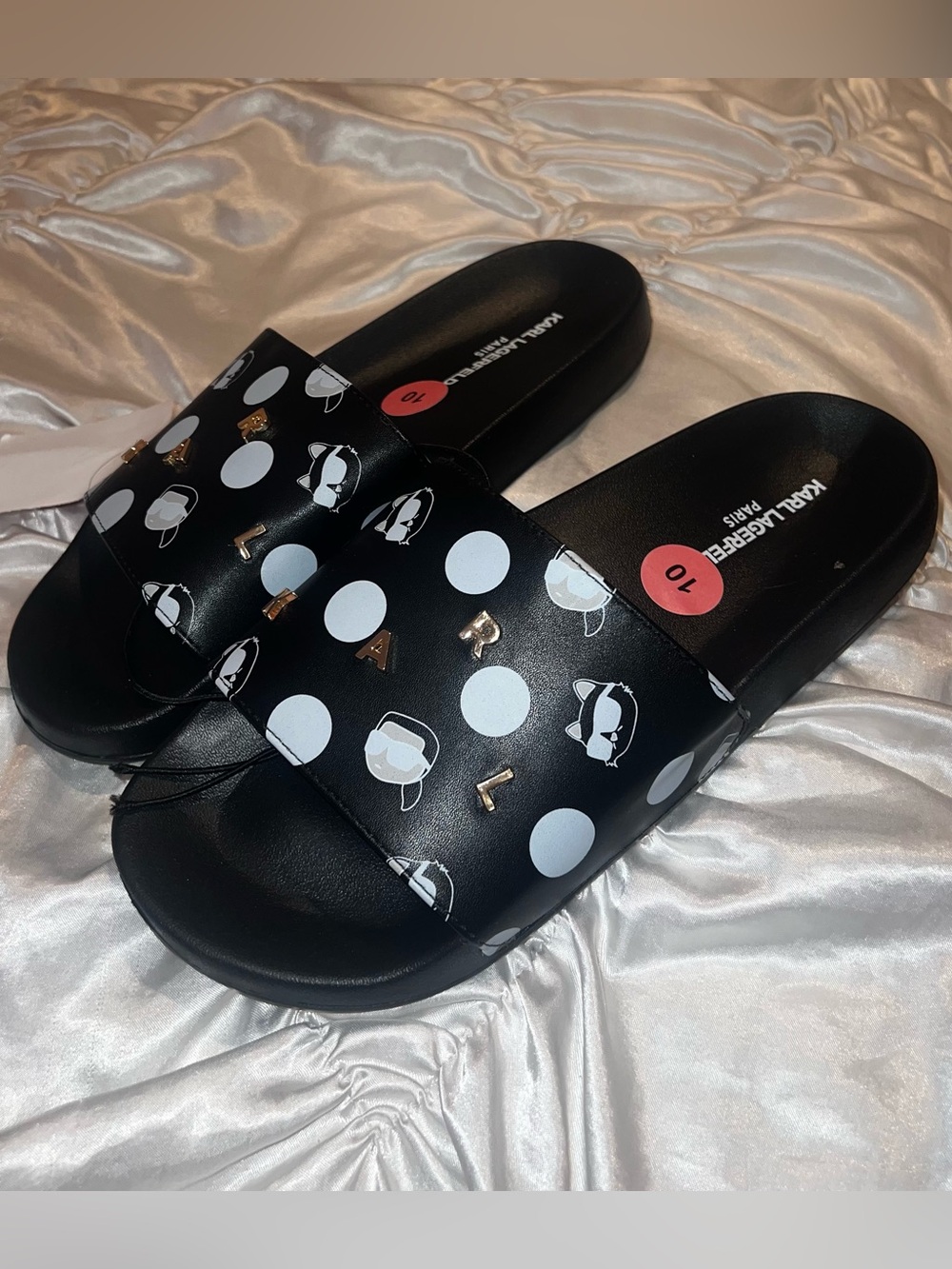 Karl Lagerfeld Black Slide Sandals with White Polka Dots and Gold Lettering